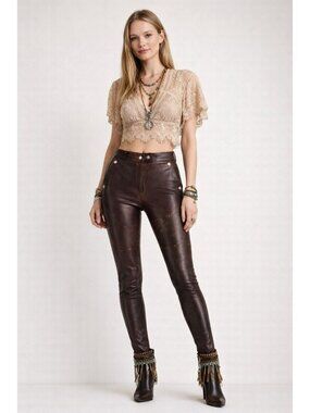 Elizabeth and James Burgundy Brown Moto Leather Pants 6